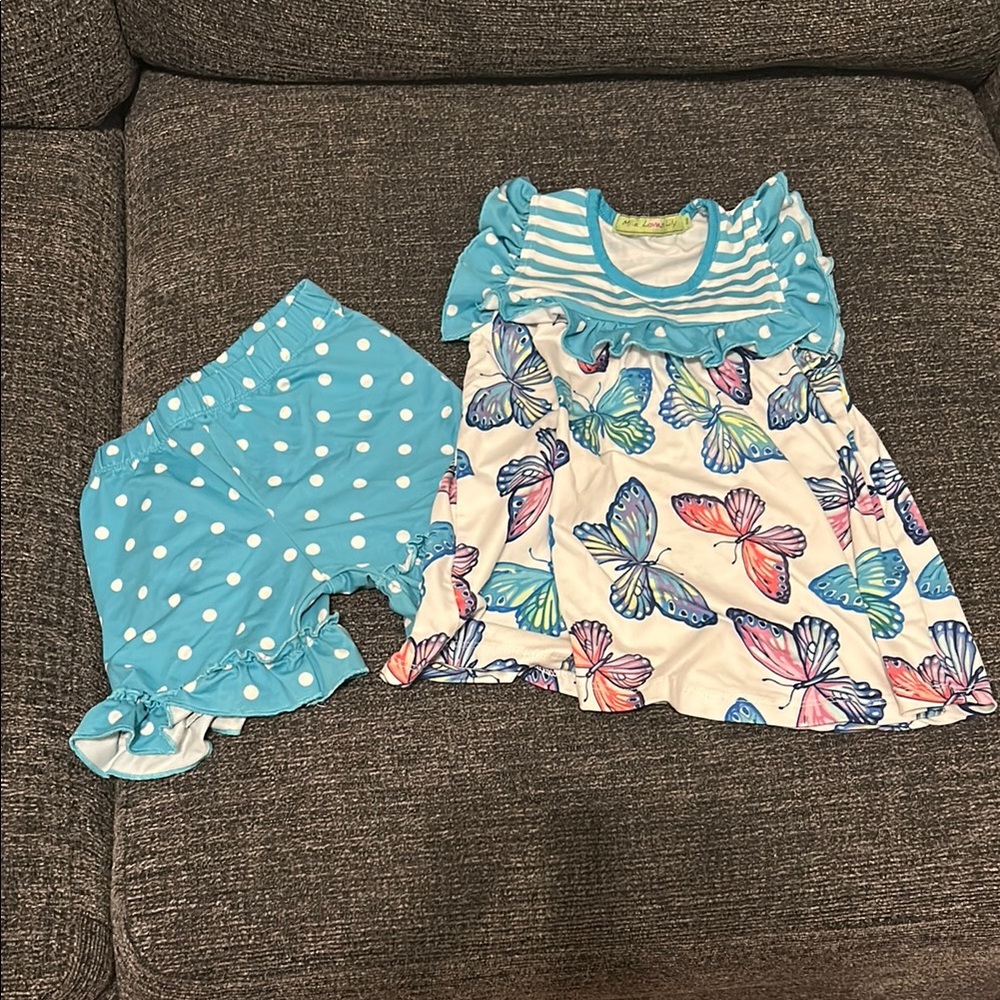 Blue Polka Dot Shorts and Butterfly Dress Set